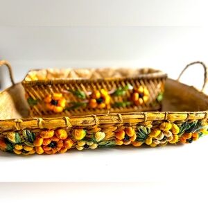 Woven Raffia Casserole Dish Basket Set 1970s with Flowers